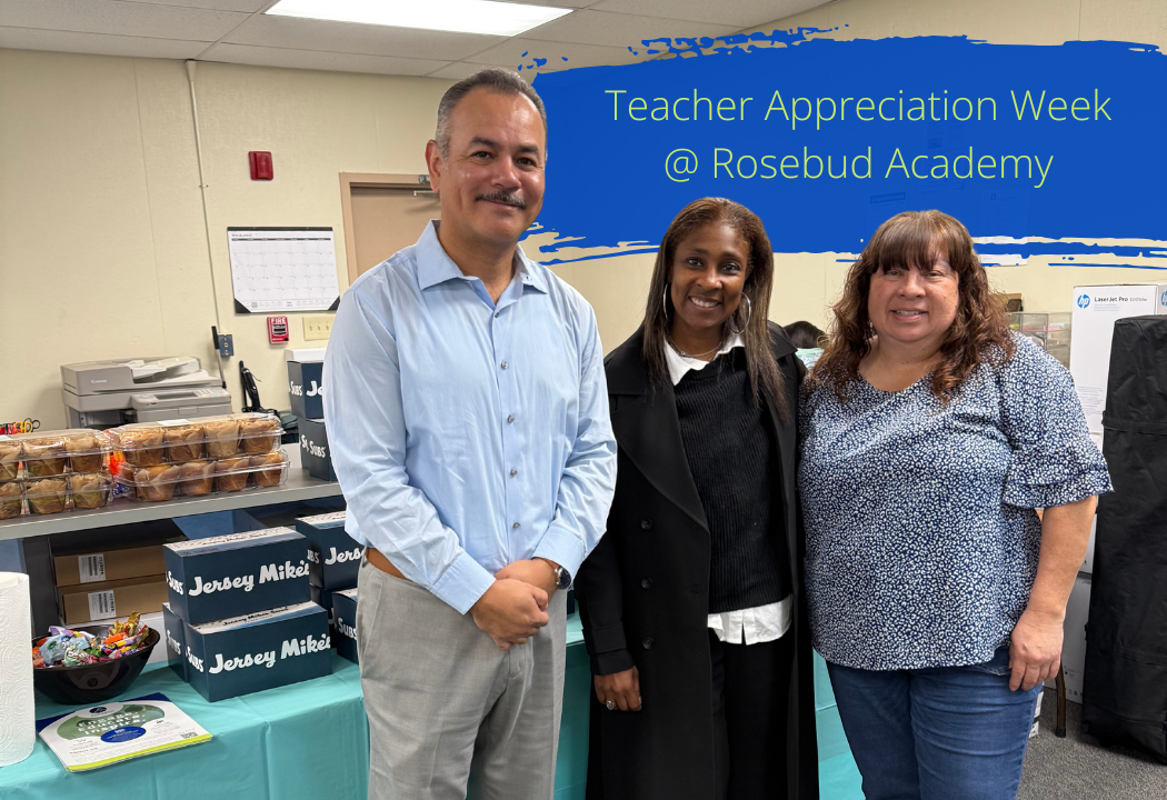 Credit Union employees stand with a teacher for Teacher Appreciate Week at Rosebud Academy.
