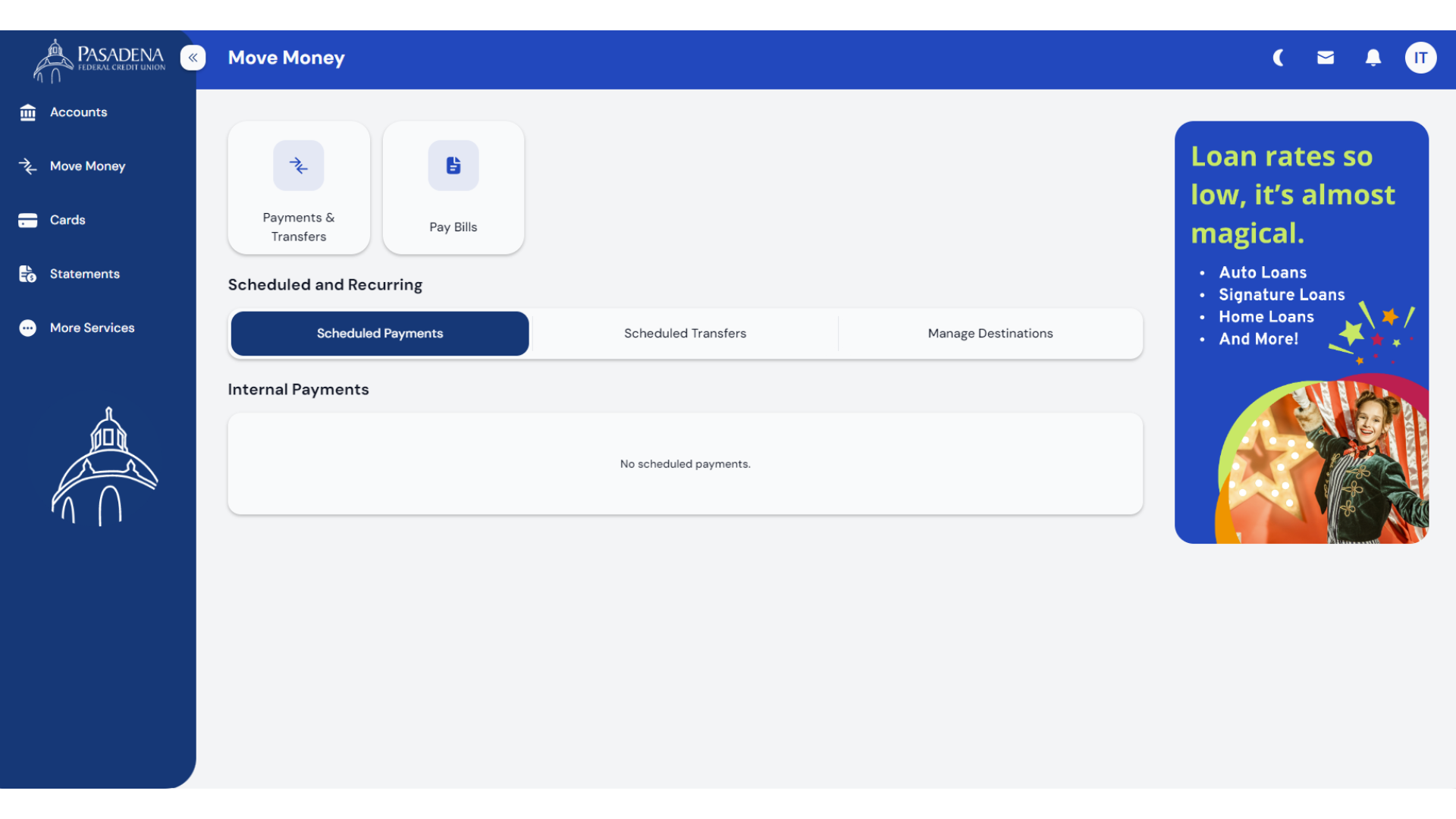 Move Money page in Pasadena FCU online banking.