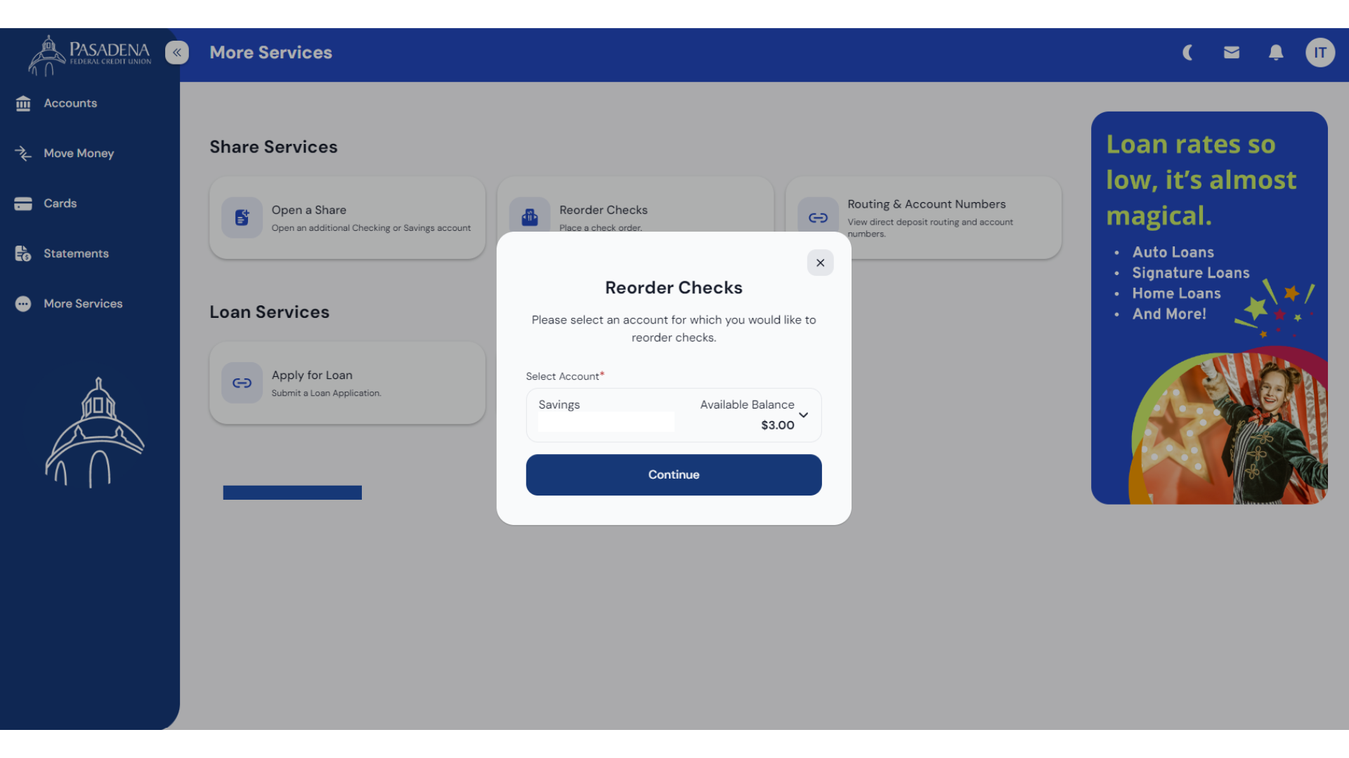 Reorder checks page in online banking.